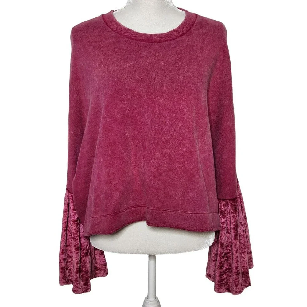 Free People Womens S Glorious Bell Sleeve Sweatshirt Pullover Velvet Top Red - Picture 1 of 6